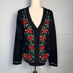 BP Design Vintage Christmas Poinsettia Beaded Cardigan Sweater Black Womens Med